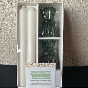TAPER CANDLE & HOLDER SET unscented candles with green glass holders NIB